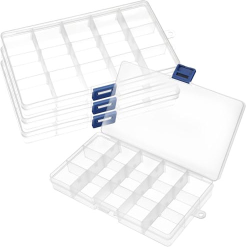 RISVOWO 4 Stück Plastik Sortierbox, Kleinteile Organizer, Transparent Aufbewahrungsbox mit Deckel Klein,15 Fächer Einstellbar, für Aufbewahrung von Schrauben, Ohrringen, Perlen, Büromaterial
