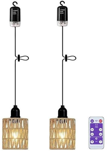 2 lámparas colgantes con batería exterior, mando a distancia, funciona con pilas, lámpara portátil de ratán, lámpara colgante sin electricidad, IP44, resistente al agua, iluminación exterior