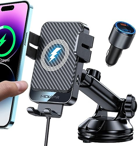 MOKPR Soporte para teléfono móvil para coche con función de carga, cargador inalámbrico de 15 W, estación de carga inductiva, soporte para teléfono móvil con función de carga con clips de