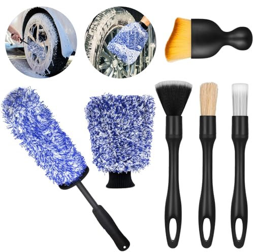 SAMSYOKI Auto Mikrofaser Felgenbürste Extra Dünn mit Auto Detailing Pinsel Felgenbürste Alufelgen Auto Waschhandschuh Felgen Bürste Reinigungsset für Felgen Autopflege Innenraum Außenraum (Blau)