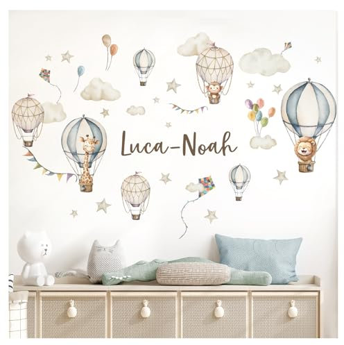 Little Deco Wandsticker Kinderzimmer Tiere Heißluftballon personalisiert Wandtattoo AFFE Löwe Wandaufkleber mit Name Babyzimmer Deko DL5094-04