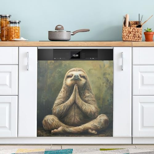Lustiger Yoga-Faultier-Magnet, Geschirrspüler-Abdeckung, dekorativ, Bauernhaus, magnetisch, Geschirrspüler-Aufkleber, Kühlschrank-Türabdeckung, Aufkleber, 58,4 x 66 cm