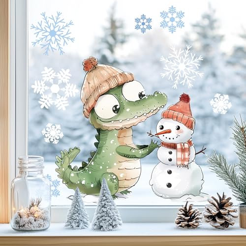 Sunnywall Fensterbilder Winter für Kinder Tiermotive in Winterszene als statisch haftende Fenstersticker, WIEDERVERWENDBAR (Krokodil, A3 Bogen)