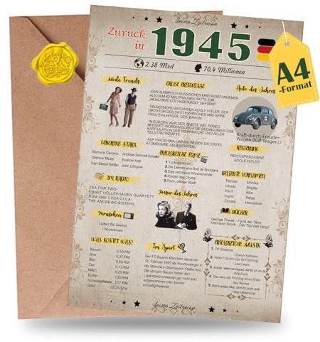 Sugeru Besondere Geburtstagskarte 80 mit Umschlag | 1945 Jahrgang Geschenk | 80 geburtstag frau mann | Sechzigsten Geburtstagsdeko lustig,Tolle Geschenkidee,Chronik,Karte,Jubiläum- DIN A4 (80 Jahre)