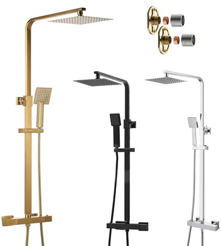 Square Thermostatic Shower Kit Twin Head Overhead Rigid Riser - Chrome Brushed Brass Matt Black (Brushed Brass)