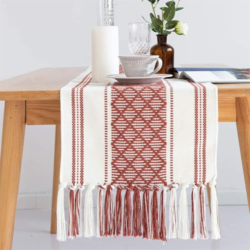 FANSU Chemin de Table Moderne, Decoration Table Lavable Extra Long, Chemin de Table Automne, Deco Table Noel Bohême Style, pour Intérieur Extérieur,Vacances,Fête,Salon (Rouge,34x230cm)
