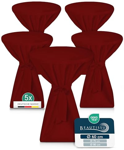 Beautissu 5X Premium Stehtischhusse Blickdicht rutschfest bügelfrei | Ø60-65cm Bordeaux 40°C waschbar Stehtischüberzug Husse für Stehtisch Bistrotisch Bartisch Gastronomie Hochzeit Deko Premium L