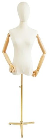 Schaufensterpuppe mit rotierende Kopf und Flexible Arme Damenbüste Mannequin Kleiderpuppe Verstellbarer Höhe Schneiderbüste kleiderpuppe Kleiderständer 86cm x 64cm x 84cm(BxWxH) (Gold, eine Größe)