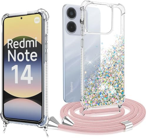 Funda para Xiaomi Redmi Note 14 4G (EU Version) con Cuerda Carcasa con Cordón Glitter Liquida Fundas movil con Ajustable Correa Colgante de Cuello Cadena Transparente Suave Silicona Caso Case