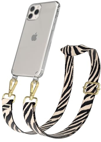 EAZY CASE Handykette - Verstellbares Taschenband kompatibel mit iPhone 11 Pro, Schulterriemen, Handykordel mit Silikon Hülle, Umhängetasche, Zebra - Schwarz Beige Gold