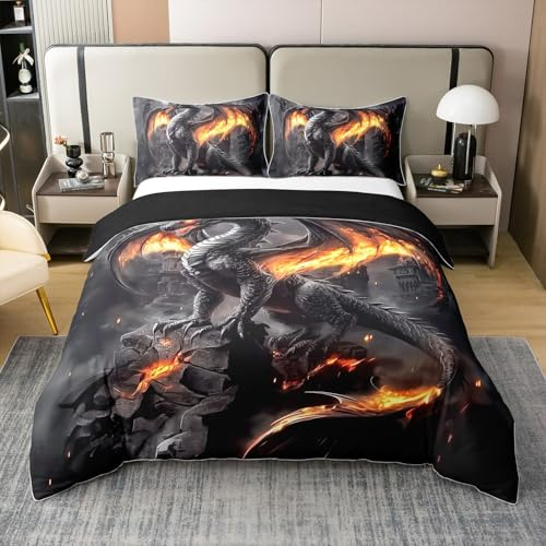 Homewish Flamme Drache Baumwolle Bettbezug 135x200 Kinder Teenager | Krieg Wildtiere Bettwäsche Magische Fantasie Feuer Drache Tröster Abdeckung Gemütlich Grau Dekorative Alte Wildtiere Bett Set