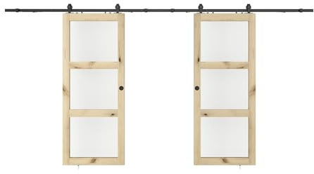 Vente-unique - Porte coulissante double avec systéme en applique en bois et verre trempé - 3 fenêtres - 2 x H205 x L63 cm - ACOSTA II