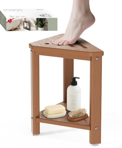 Teak Shower Foot Rest 15in, HDPE Waterproof Shower Stool for Inside Shower, Corner Shower Stool for Shaving Legs with Storage Shelf for Small Space, Shower Step Stool, Plastic Corner Shower Bench