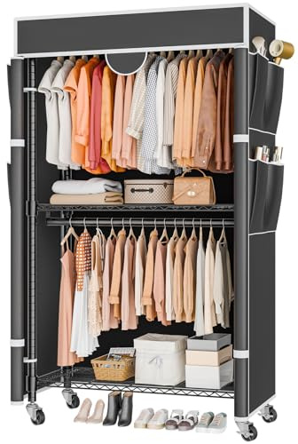 Himimi Kleiderständer auf Rollen, Kleiderständer Stabil, Doppel-Kleiderstange mit Abdeckung & Höhenverstellbaren Ablage, offener Kleiderschrank Metall Garderobe für Schlafzimmer, 90x45x205 cm Schwarz