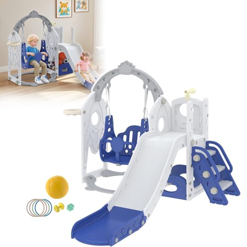 ACXIN Kinderrutsche mit Schaukel, Versteck und Basketballkorb – freistehend Indoor & Outdoor Spielset, Babyrutsche aus HDPE + PP Kunststoff, Blau-Weiß, 141x154x119 cm, bis 50 kg