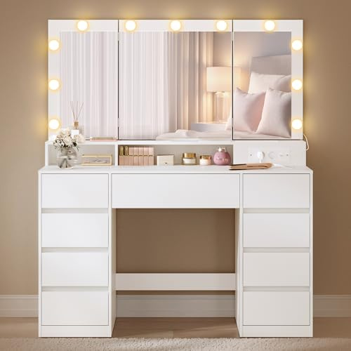 VASAGLE Schminktisch mit Spiegel und LED-Leuchten, 9 Schubladen | Steckdosenleiste, 3-teiliger Spiegel, 3 Lichtfarben, werkzeuglose Gleitschienen, KAILYN Kollektion RDT146WB01