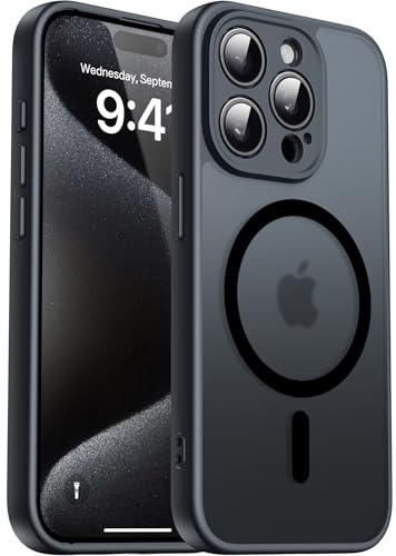 Natiiozie Magnetisch Hülle für iPhone 15 Pro Max Kompatibel mit MagSafe, Kameraschutz FallSchutz Handyhülle, Stoßfest Kratzfest Schutzhülle Transluzente Matt Rückseite 6.7 Zoll Case Schwarz