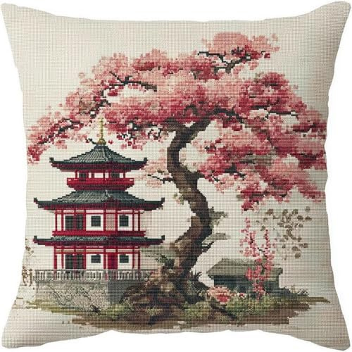 Pskgbxmu Ensemble De Broderie Coussin Au Point De Croix Kits De Points De Croix Estampillés DIY Main Brodé Housse sans Noyau d'oreiller Tour ancienne Fleurs de cerisier 45x45 cm