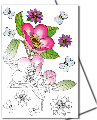 Art Eclect Floral Colouring Cards, Colour Your Own Cards for All Occasions, 10 Designs with Envelopes, (Set Flowers B/White)