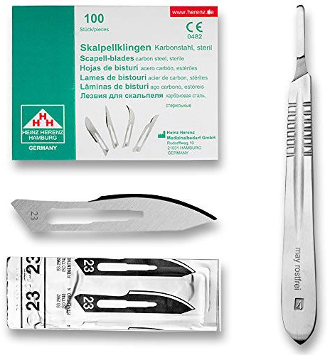 Set avec 100 x lames de scalpel N° 23 - Lame stérile en acier au carbone et 1 x May - manche de scalpel Figure N° 4 en acier inoxydable