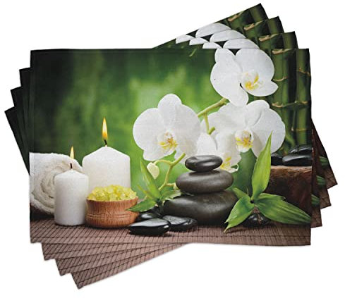 ABAKUHAUS Spa Platzmatten, Zen Stones mit Orchideen und Kerzen Grünpflanzen im Hintergrund drucken, Waschbare Stoff Esszimmer Küche Tischdekorations Digitaldruck, Grün Weiß Dunkelgrau