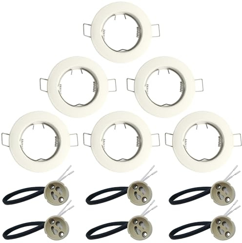 6 Pack GU10 Round Downlight Bezel Trim Ring White | Zinc Alloy Light Mounting Frame with GU10 Lamp Holder for Ceiling Spotlight MR16 and 50mm Bulb Halogen Light Fitting