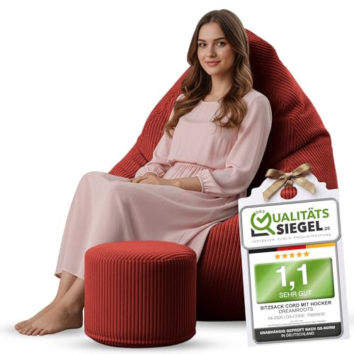 DreamRoots Sitzsack Erwachsene Cord 80x80x120 mit Hocker, Fired Brick | Bean Bag Chair mit Hocker, Lehne & Bezug, mit Füllung, Sitzkissen Boden, für Teenager & Erwachsene