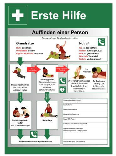 Erste Hilfe Plakat DIN A3 - Aktualisiert 2023 - Unverzichtbare Rettungs-Informationshilfe für den Arbeitsplatz und öffentliche Bereiche - Made in Germany