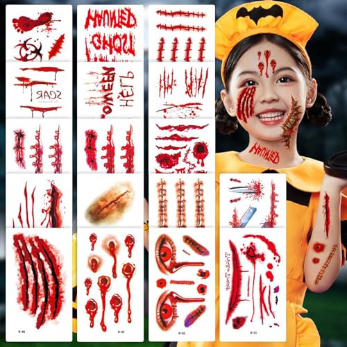 Atuoxing 30 Fogli Halloween Cicatrici Tatuaggi, Tatuaggi Temporanei Viso Realistico, Cicatrici Finte di Zombie Tatuaggi per Bambini e Adulti Halloween Cosplay (B)