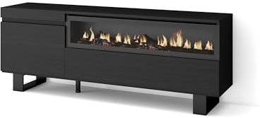 Skraut Home | TV-Schrank, Lowboard | für Wohnzimmer und Esszimmer | 150x57x35cm | Für TV-Geräte bis zu 65 | Elektrokamin. Maße | Industriedesign | Moderner Stil | Schwarz