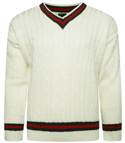 VEARZ® Unisex Mens Womens V Neck Cricket Jumper | Adults Long Sleeve Stripe Cable Knitted Golf Sweater Sportswear Pullover Sweatshirt Jersey Top Cream XL