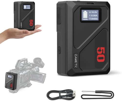 Came-TV V Mount Battery MINI 50C 3450mAh 50Wh 14.4V, V Lock Battery with PD45W Type C/D Tap/USB A/12V DC/8.4V DC/BP OLED Display, for Video Camera Camcorder (50Wh)