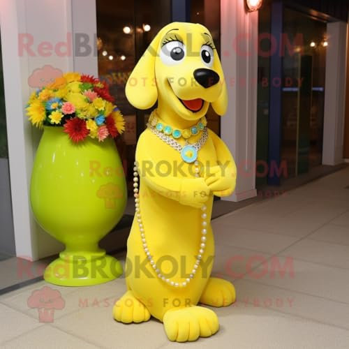REDBROKOLY Giallo limone cane mascotte costume personaggio vestito con un abito da sera e collane