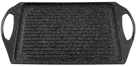 zanetti - Piastra BBQ 28 x 36 cm, Padella Grill, Piastra per Barbeque Effetto Pietra, Doppia Presa, Alluminio Pressofuso, Adatta a Induzione