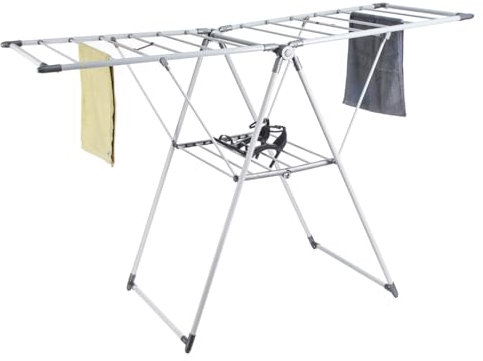HOUSZY 2-Tier Folding Clothes Drying Rack with 21 Rails – Indoor & Outdoor Aluminium Laundry Airer with Adjustable Winged Arms – Compact Clothes Drying Stand for Sheets, Towels, Garments & Shoes