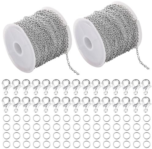 Gliederkette 2 STK 5m Basteln Gliederkette 2.4mm Kette DIY Jewellery Chain Link Chain Silber mit 30 Karabinerverschluss und 60 Sprung Ringe Edelstahl Kabel Gliederkette für DIY Schmuckherstellung