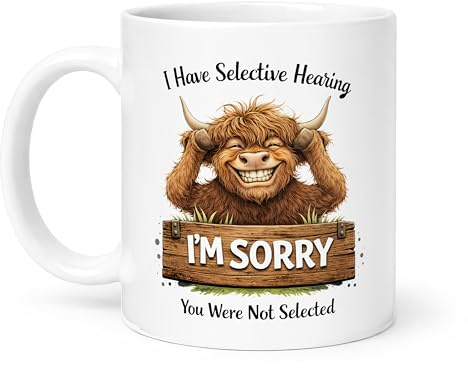 Spomo Highland Cow Mug Funny Sarcastic Quotes – Ceramic Coffee Tea Mug Cup 11oz / 330ml – Novelty Animal Gift for Home or Office (I Have Selective Hearing)
