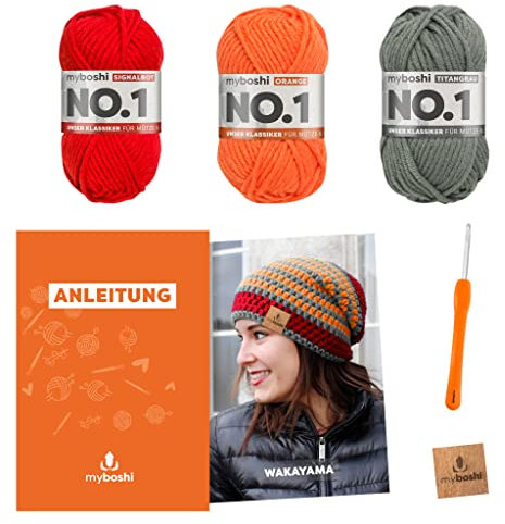 myboshi Häkelset Beanie Wakayama, Häkelset für Anfänger, inkl. No.1 Wolle, Nadel und Anleitung, Label, Häkelpaket für Anfänger, 30% Merinowolle Orange mit Häkelnadel