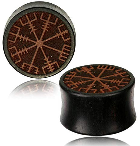 CHICNET Damen Herren Plug Flesh Tunnel Ohr Piercing Dehner aus Arangholz Holz mit Gravur Inlay, Double Flared, braun Dunkelbraun, Wikinger Kompass Runen Viking Vegvisir