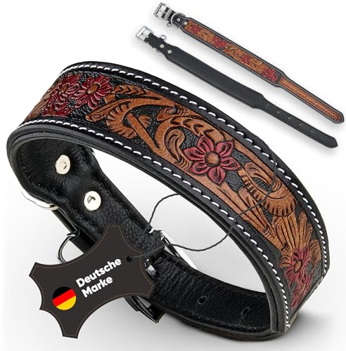 MICHUR® Hundehalsband Leder Schwarz Braun Rot mit Blumenmuster | Lederhalsband für Hund, Handgefertigt, Weich gepolstert, fellschonend, Verstellbar, Halsband leder