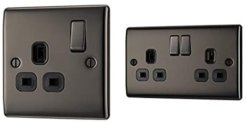 BG Electrical NBN21B 13 A Electrical 1-Gang Single Socket, Black Nickle + NBN22B-01 13 A Electrical 2-Gang Metal Switched Plug Socket, Black Nickel