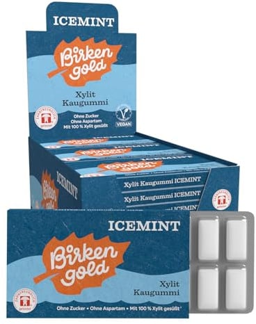 Birkengold Xylit Kaugummi Icemint | 24 Stk. Blister | Zahnpflege-Kaugummi | zuckerfrei | hoher Xylit-Anteil 70% | vegan | ohne Titandioxid | ohne Aspartam | ohne Zucker