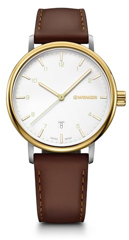 WENGER Herren Armbanduhr Urban Classic Ø 40 mm, Swiss Made, Analog Quarz, Wasserdicht bis 100 m, Leder-Armband, Silberweiß/Braun, 01.1731.118