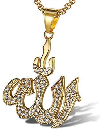 HIJONES Herren Edelstahl Zirkonia Islamic Allah Anhänger Halskette mit Kette klar CZ Micro Pave, Gold Large Style A.