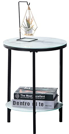 GOLDFAN Beistelltisch Rund Klein Couchtisch Glas Wohnzimmertisch Sofatisch Kaffeetisch Telefontisch Marmor 40x40x55cm