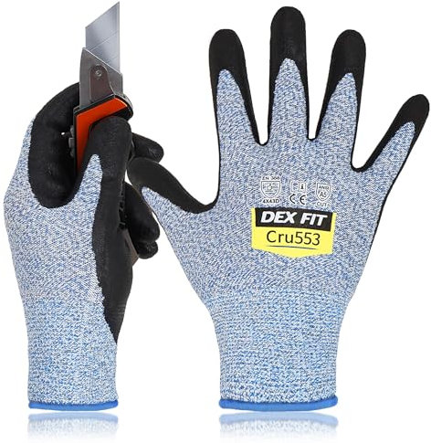 DEX FIT Guantes Anticortes de Nivel 5 Cru553, Ajuste Cómodo Elástico 3D, Buen Agarre, Recubrimiento de Espuma Duradero de Nitrilo, Táctil, Fino y Ligero, Lavable, Azul 9 (L) 3 Pares