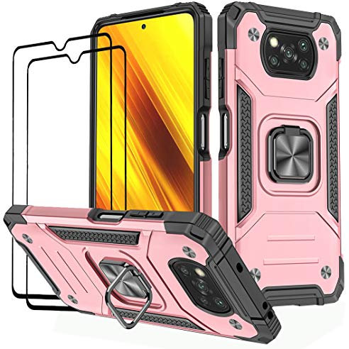 KANSi Hülle kompatibel für Xiaomi Poco X3 NFC/Poco X3 Pro, Schutzfolie [2 Stück] Silikon TPU Hart PC Handy Hüllen 360 Grad Drehbar Ringhalter Bumper Stoßdämpfung Schutzhülle - Rosé Gold