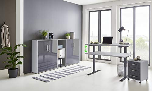 Büromöbel komplett Set mit elektrisch höhenverstellbaren Schreibtisch Arbeitszimmer e-Dition in Lichtgrau/Anthrazit Hochglanz lackiert/Gestell Anthrazit (Set 8)