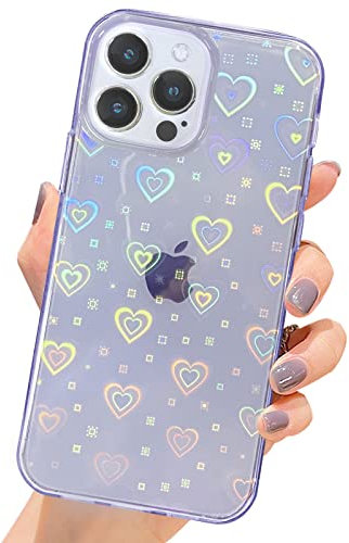 SmoBea Compatible with iPhone 13 Pro Max Case, Clear Glitter Holographic Laser Love Heart Pattern, Soft TPU and Hard PC Shockproof Fashion Slim Protective Case for Girls/Women(Purple)