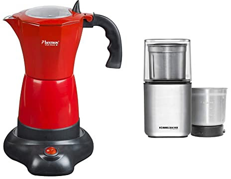Bestron Elektrischer Espresso-Kocher mit Basis,180 ml, 480 Watt, Aluminium, Rot & ROMMELSBACHER Gewürz und Kaffee Mühle EGK 200-2 Edelstahlbehälter mit Schlagmesser & Spezialmesser, 70 g, 200 Watt
